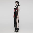 PUNK RAVE Women's Gothic Cutout Side Slit Buckle Maxi Dress Black-Red