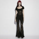 PUNK RAVE Women's Gothic Decal Floral Lace Splice Flared Pants