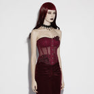 PUNK RAVE Women's Gothic Decal Sheer Lace-up Overbust Corset Red