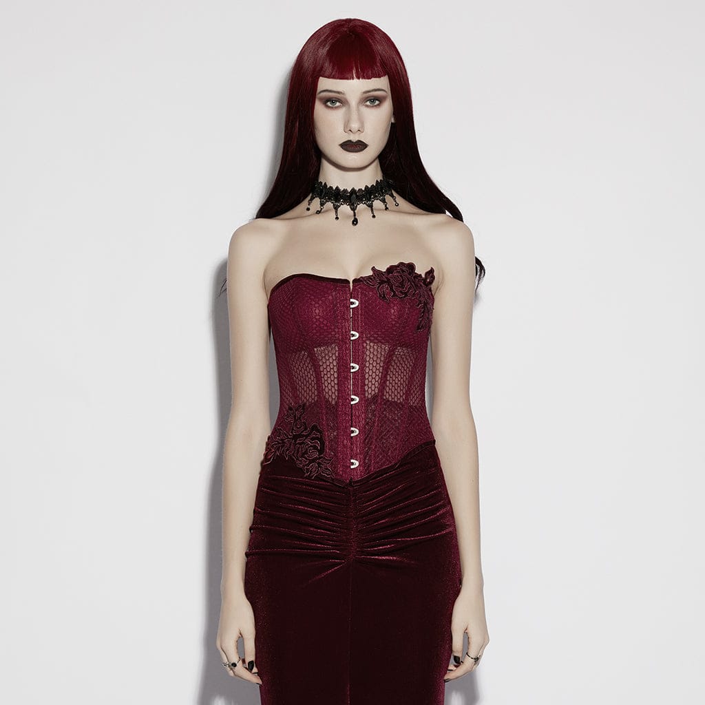 PUNK RAVE Women's Gothic Decal Sheer Lace-up Overbust Corset Red