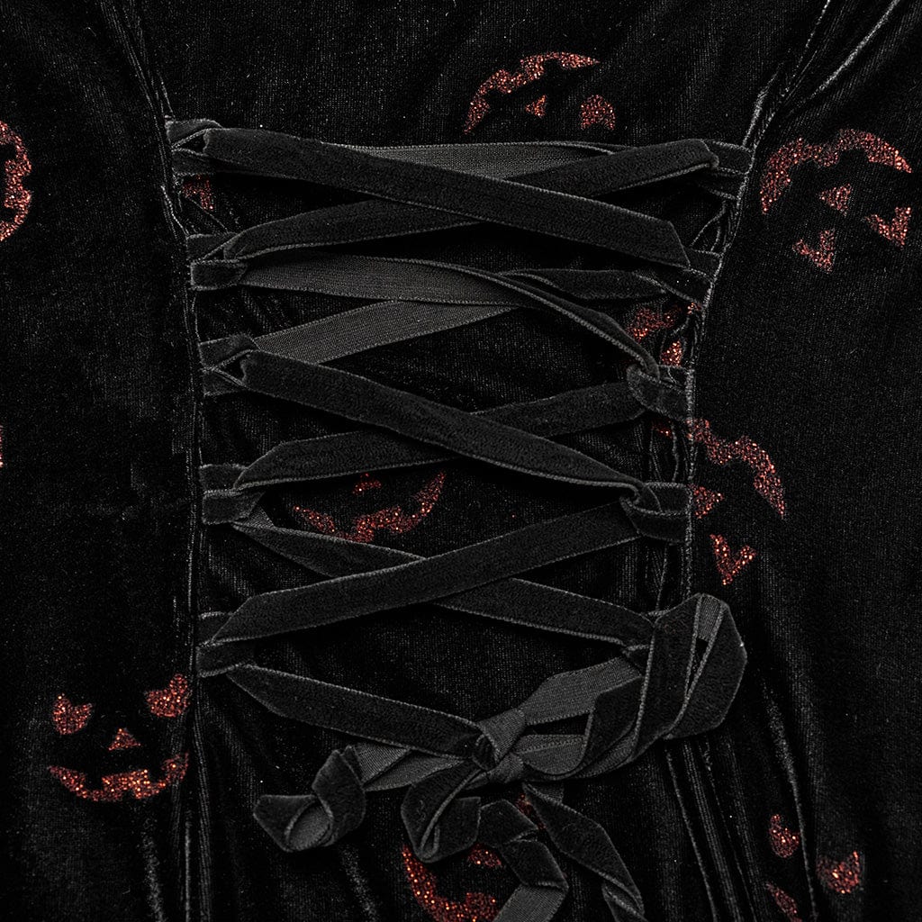 PUNK RAVE Women's Gothic Devil Printed Ruffled Velvet Dress