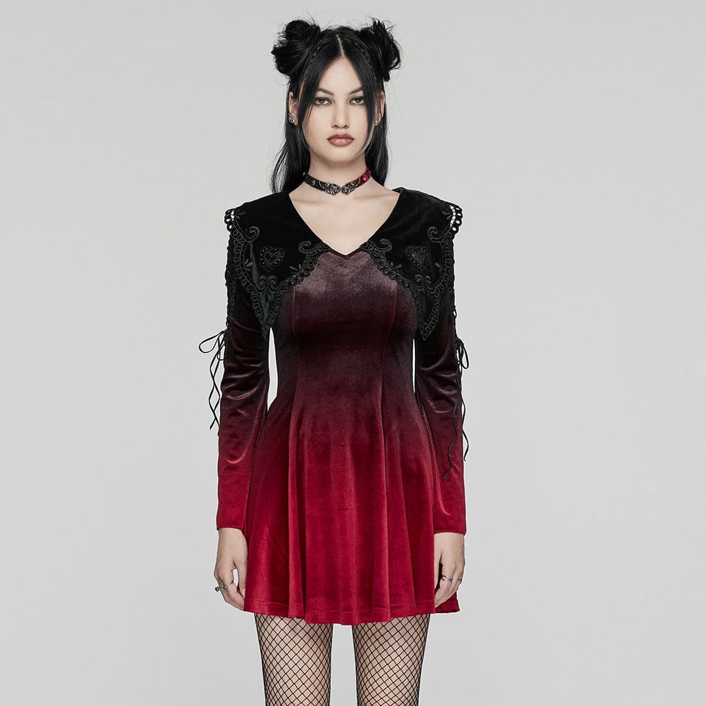 Women's Gothic Doll Collar Gradient Velvet Prom Dress Red  Punk Design