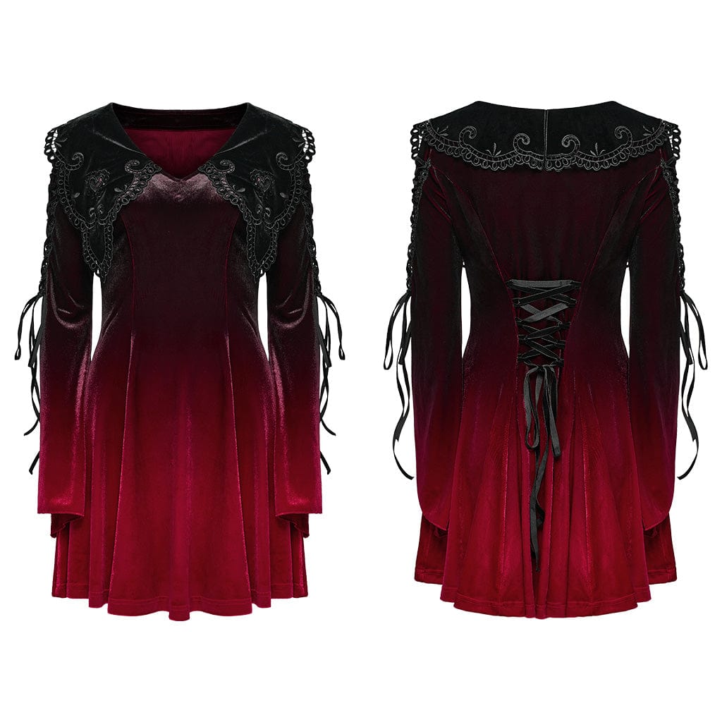 PUNK RAVE Women's Gothic Doll Collar Gradient Velvet Prom Dress Red