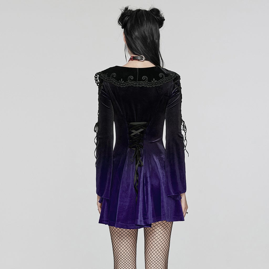 PUNK RAVE Women's Gothic Doll Collar Gradient Velvet Prom Dress Violet