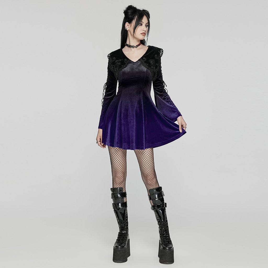 PUNK RAVE Women's Gothic Doll Collar Gradient Velvet Prom Dress Violet