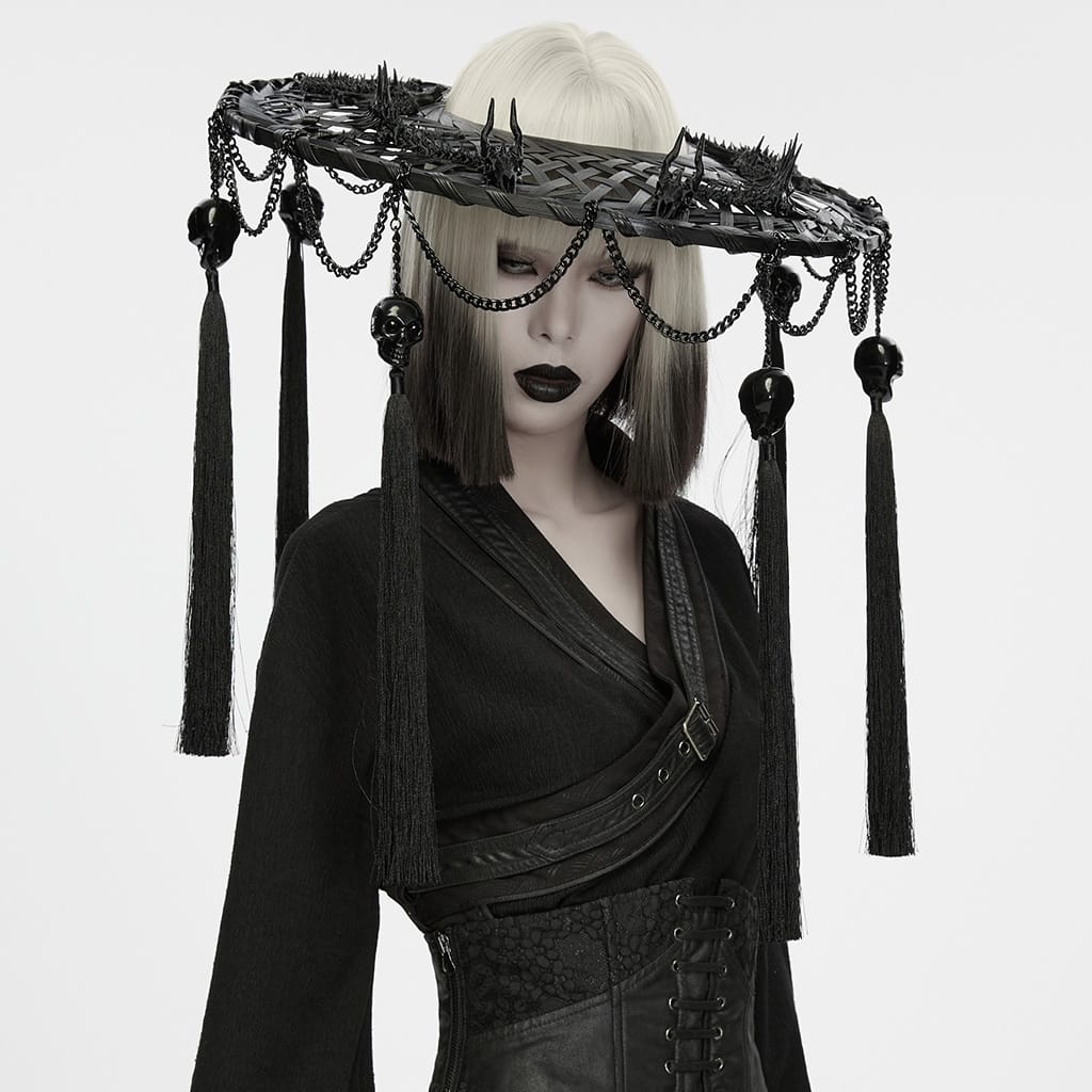 PUNK RAVE Women's Gothic Dragon Bone Chain Tassel Hat