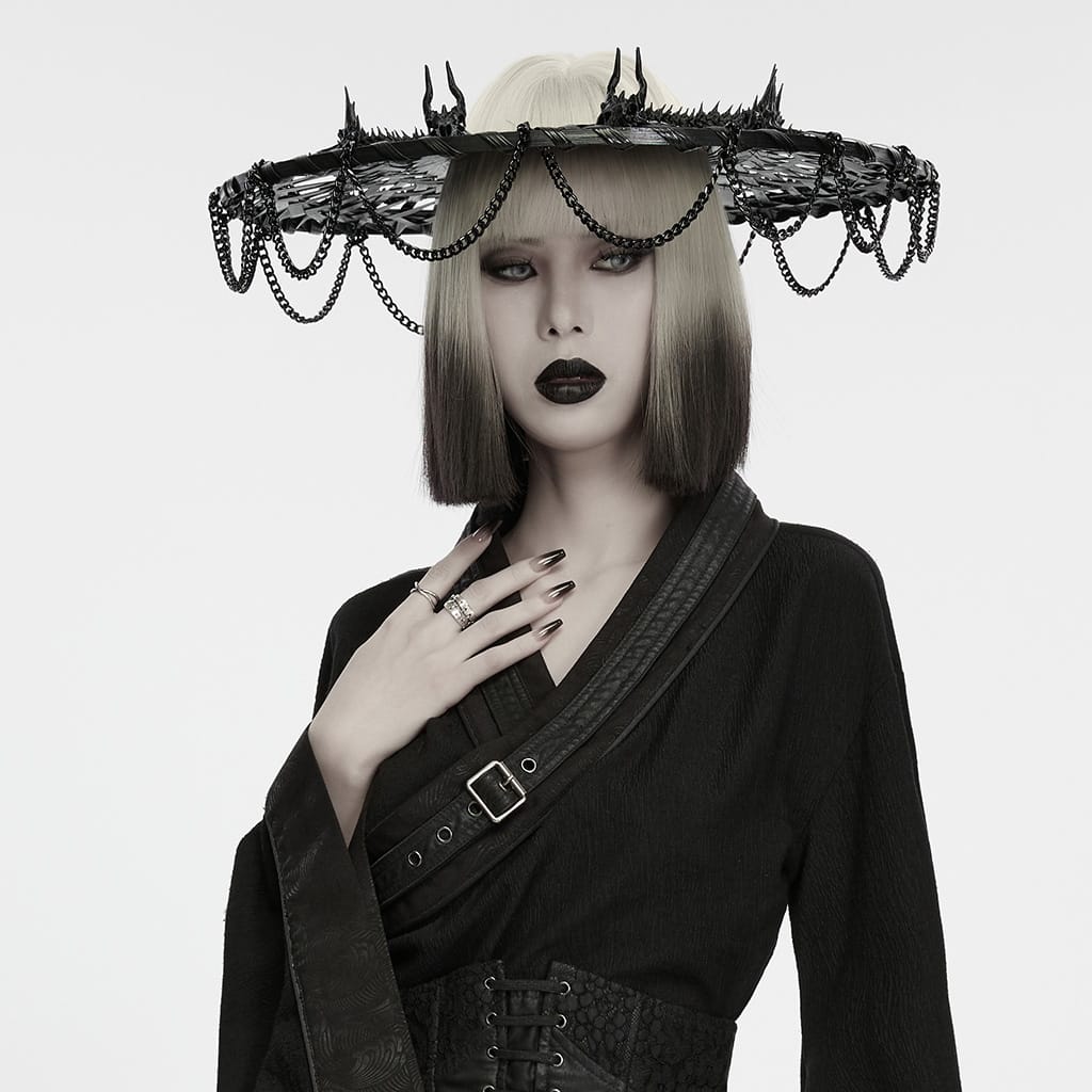 PUNK RAVE Women's Gothic Dragon Bone Chain Tassel Hat