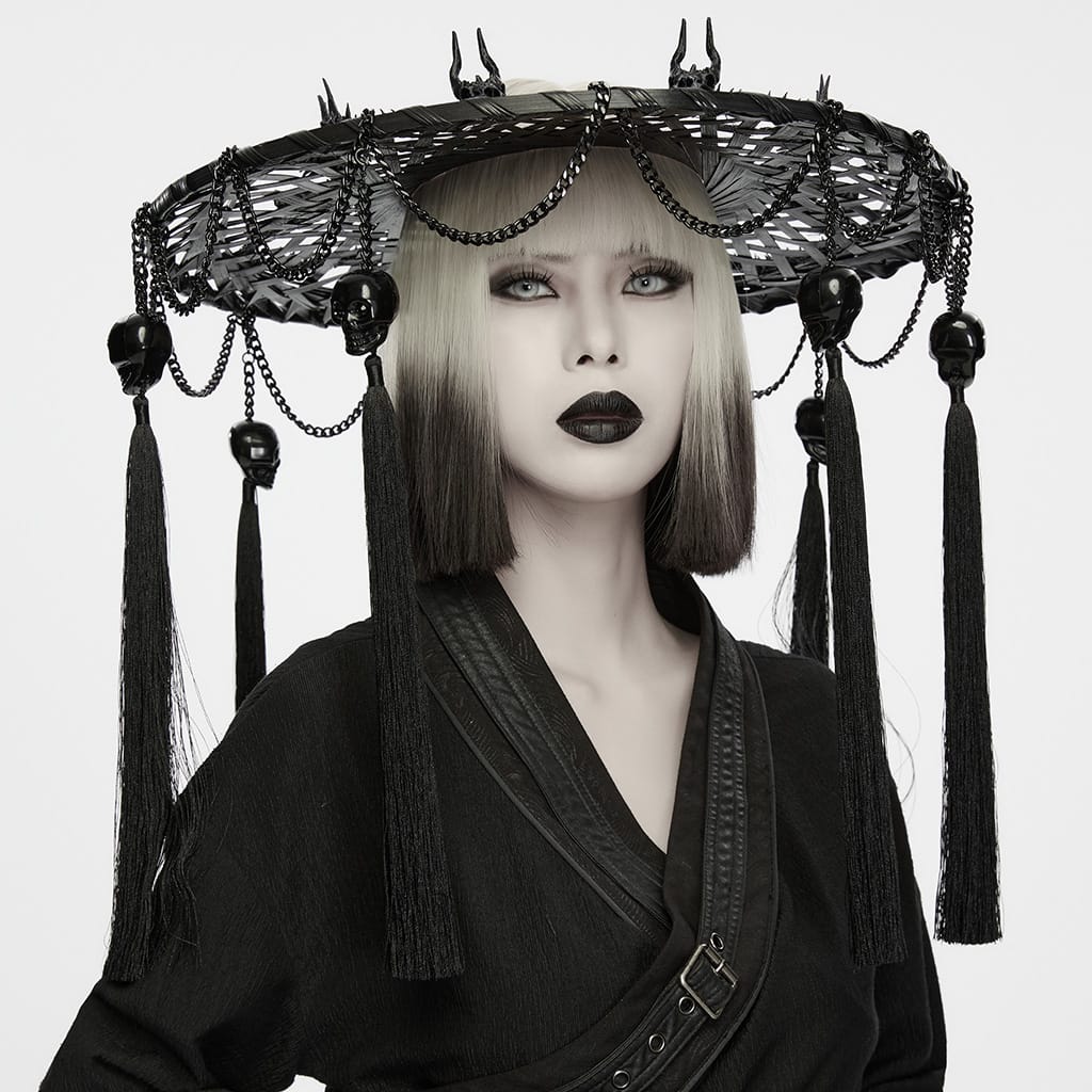 PUNK RAVE Women's Gothic Dragon Bone Chain Tassel Hat