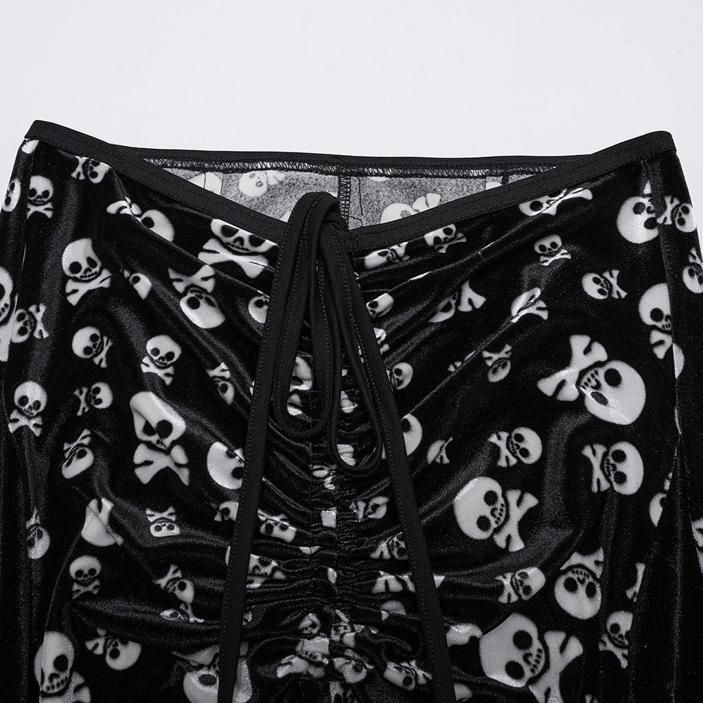 PUNK RAVE Women's Gothic Drawstring Skull Flocking Mesh Flared Pants