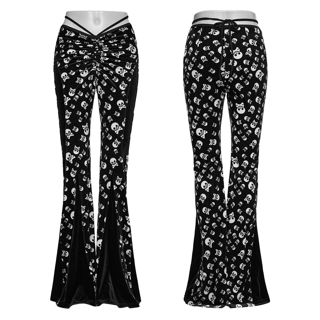 PUNK RAVE Women's Gothic Drawstring Skull Flocking Mesh Flared Pants