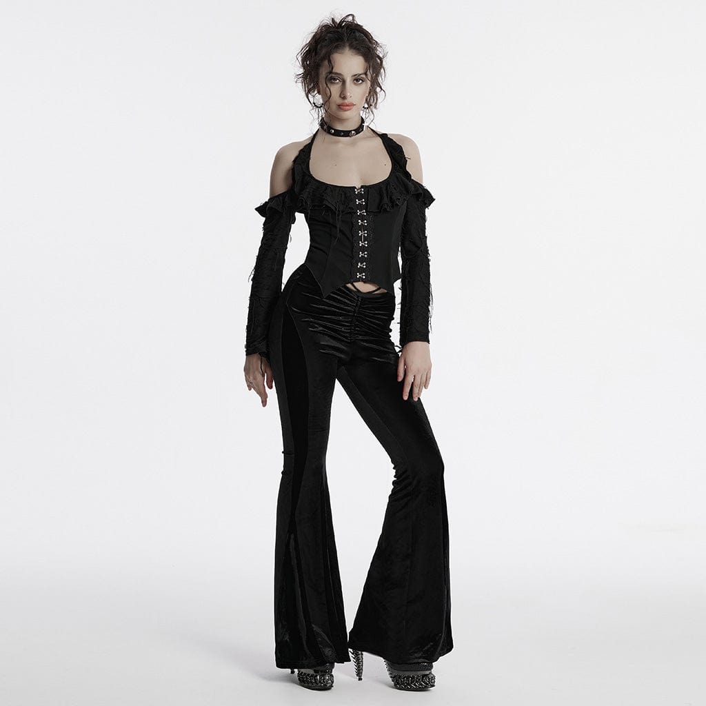 PUNK RAVE Women's Gothic Drawstring Velvet Flared Pants