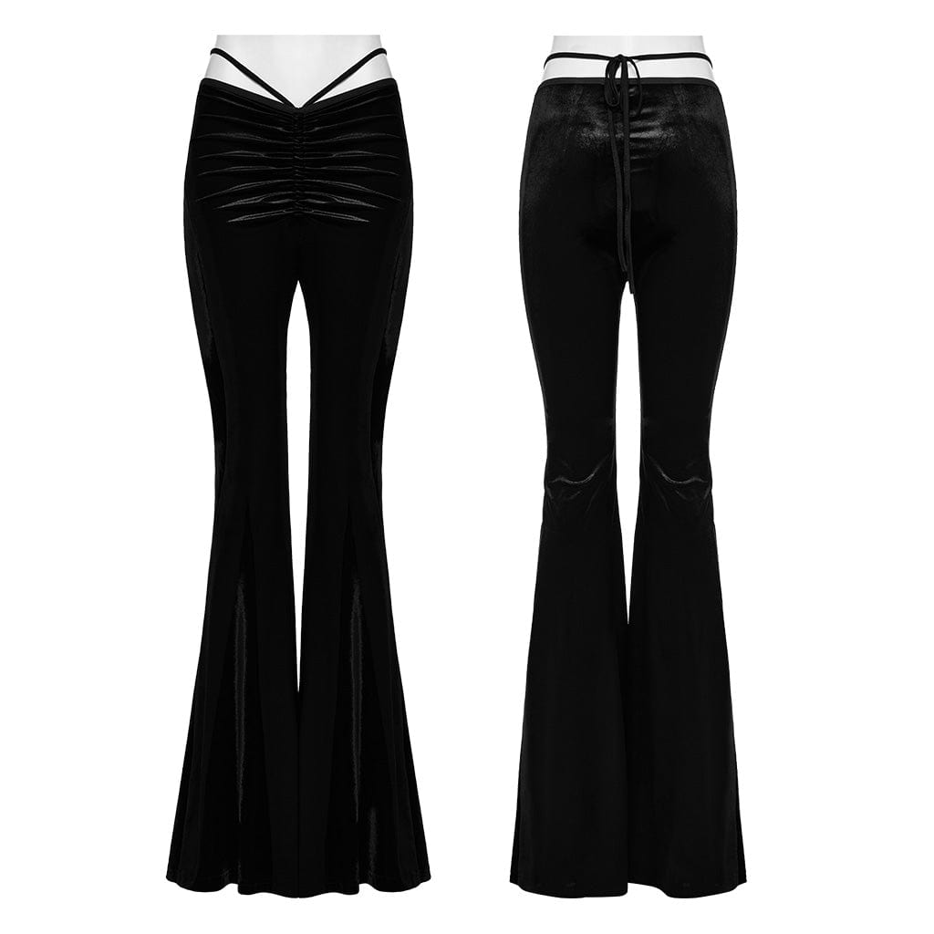 PUNK RAVE Women's Gothic Drawstring Velvet Flared Pants