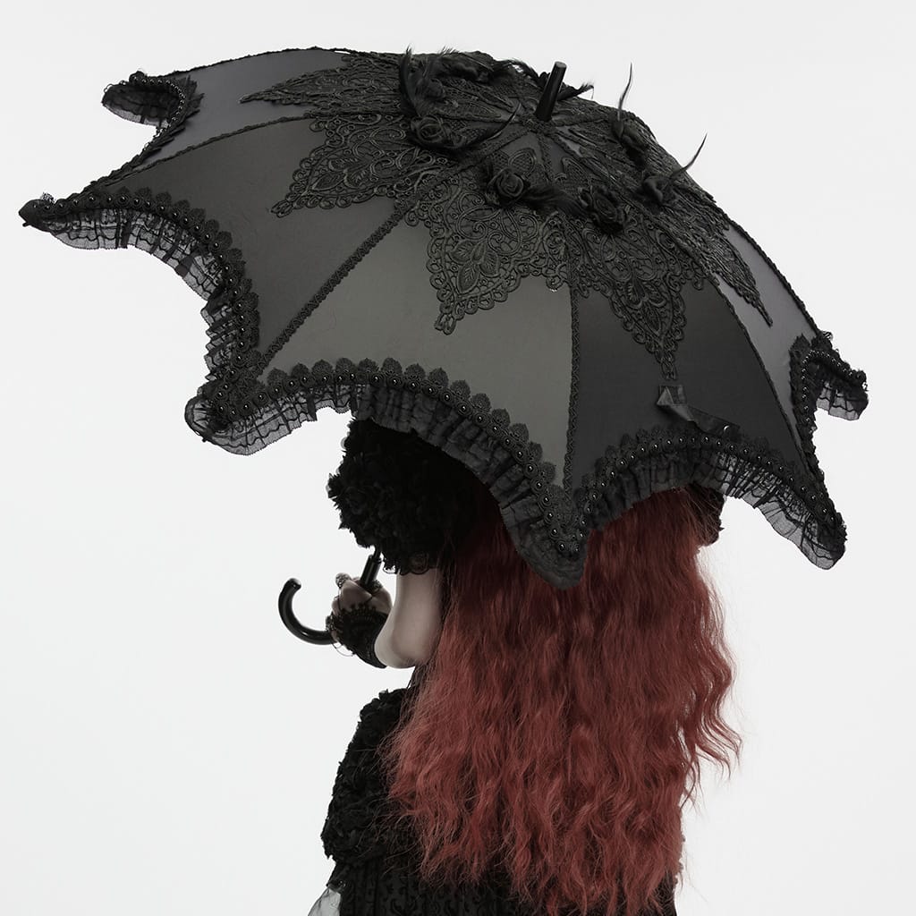PUNK RAVE Women's Gothic Embroidered Applique Lace Trim Umbrella