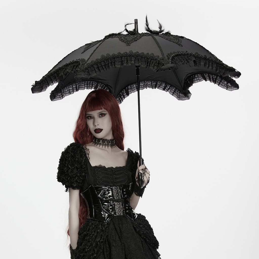 PUNK RAVE Women's Gothic Embroidered Applique Lace Trim Umbrella