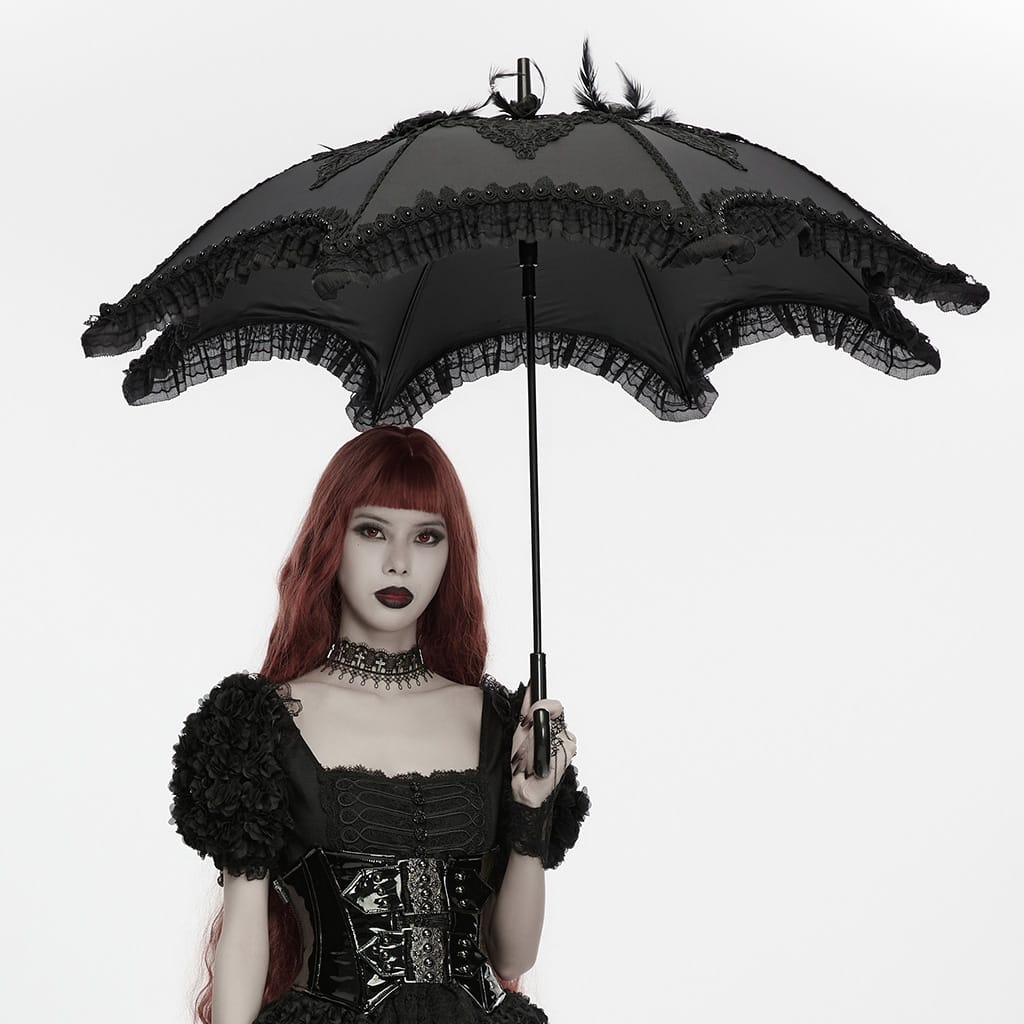 PUNK RAVE Women's Gothic Embroidered Applique Lace Trim Umbrella