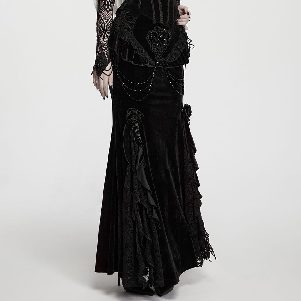 PUNK RAVE Women's Gothic Embroidered Beaded Ruffle Trim Jacquard Velvet Maxi Skirt