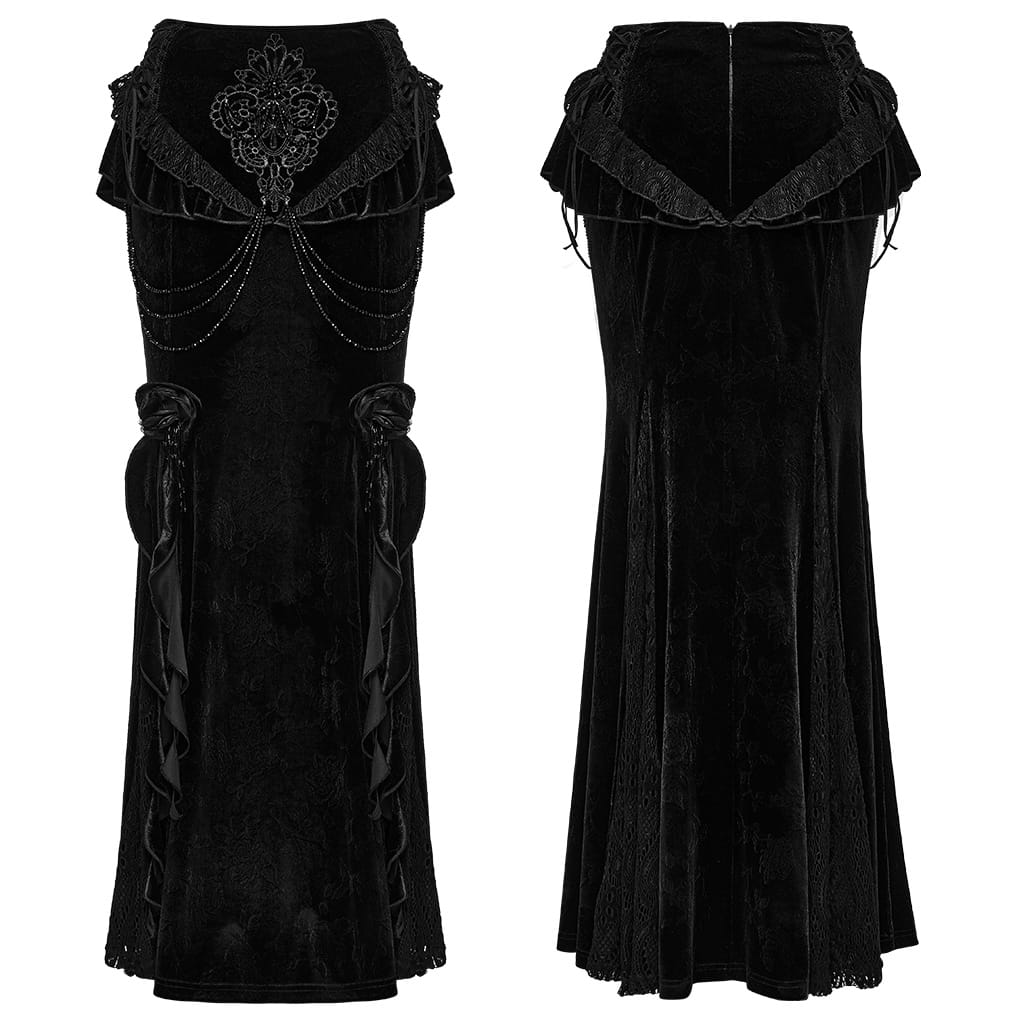 PUNK RAVE Women's Gothic Embroidered Beaded Ruffle Trim Jacquard Velvet Maxi Skirt