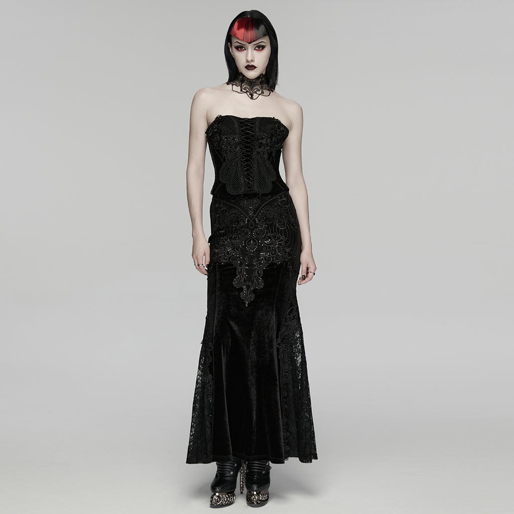 PUNK RAVE Women's Gothic Embroidered Floral Lace-up Bustier