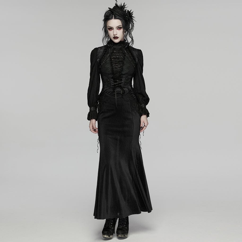PUNK RAVE Women's Gothic Embroidered Jacquard Lace-up Vest Black