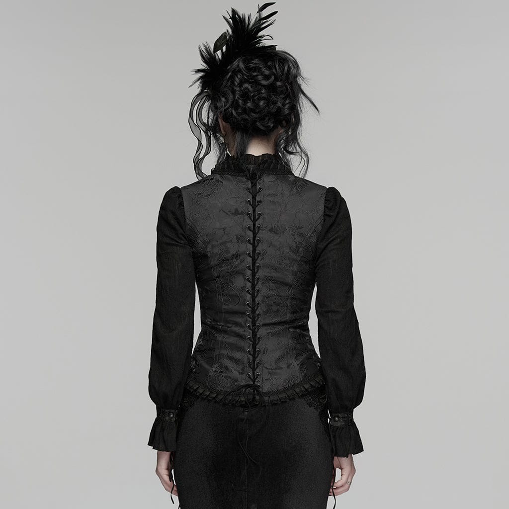 PUNK RAVE Women's Gothic Embroidered Jacquard Lace-up Vest Black