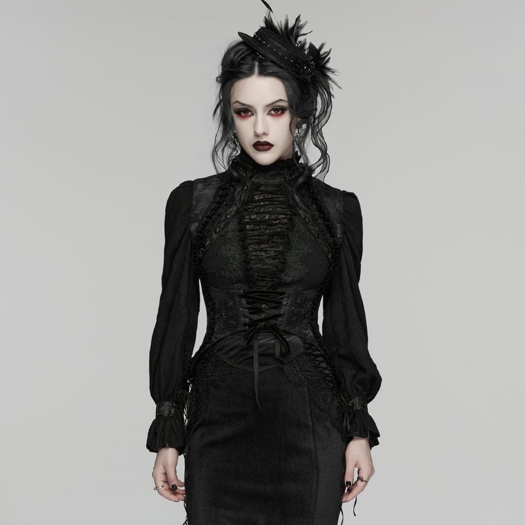 Women's Gothic Embroidered Jacquard Lace-up Vest Black – Punk Design