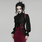 PUNK RAVE Women's Gothic Embroidered Jacquard Lace-up Vest Black-Red