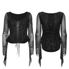 PUNK RAVE Women's Gothic Embroidered Lace-up Long Sleeved Top