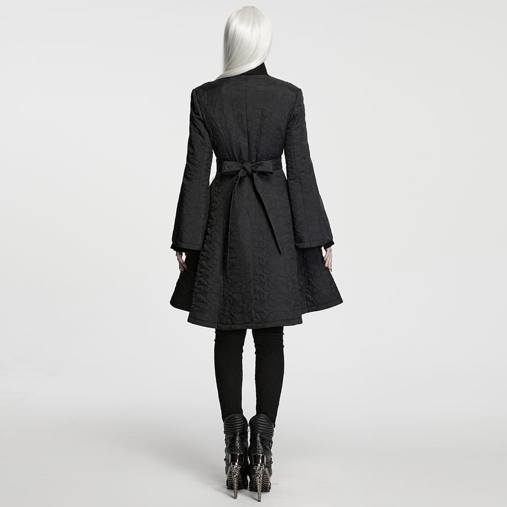 PUNK RAVE Women's Gothic Embroidered Stand Collar Asymmetric Long Jacket