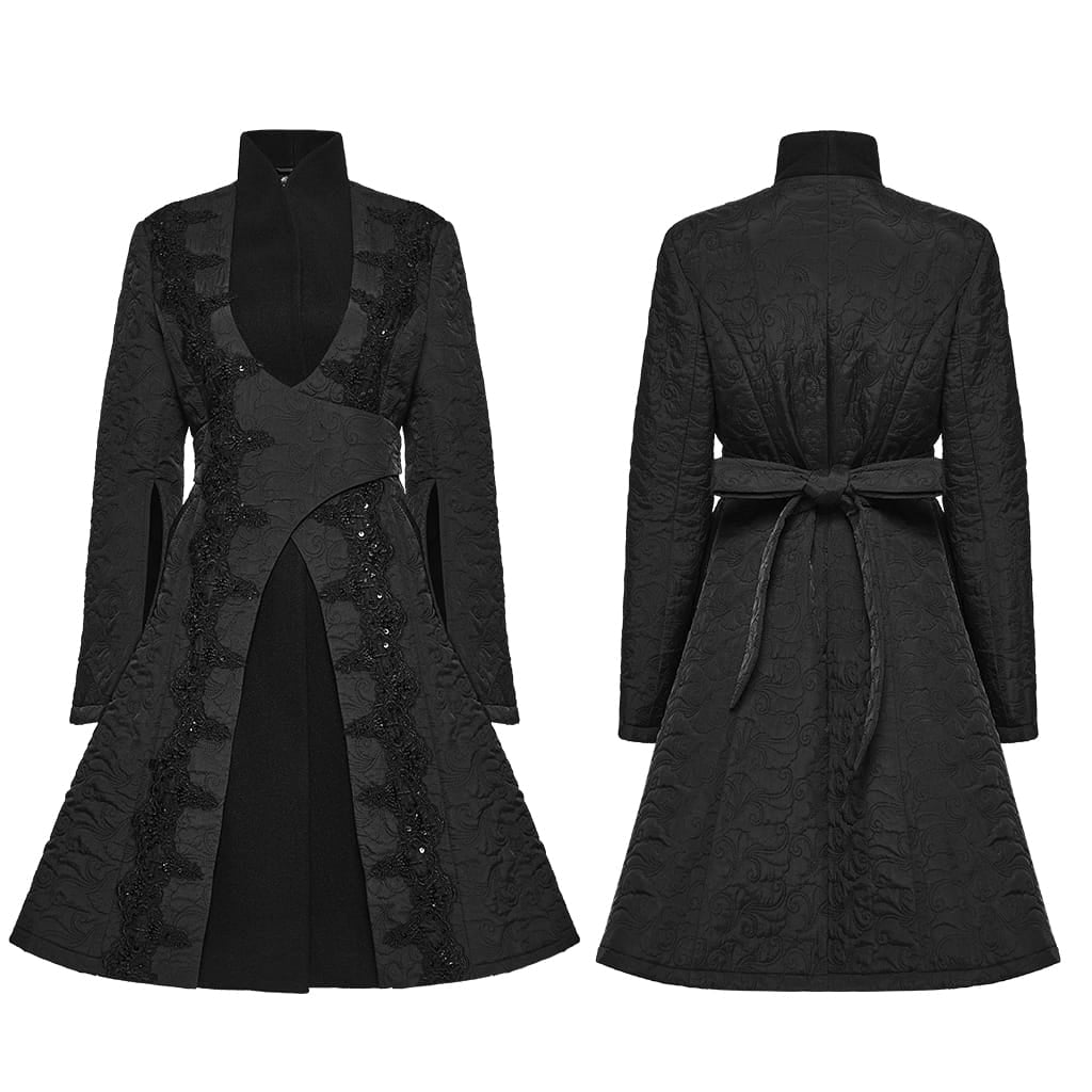 PUNK RAVE Women's Gothic Embroidered Stand Collar Asymmetric Long Jacket