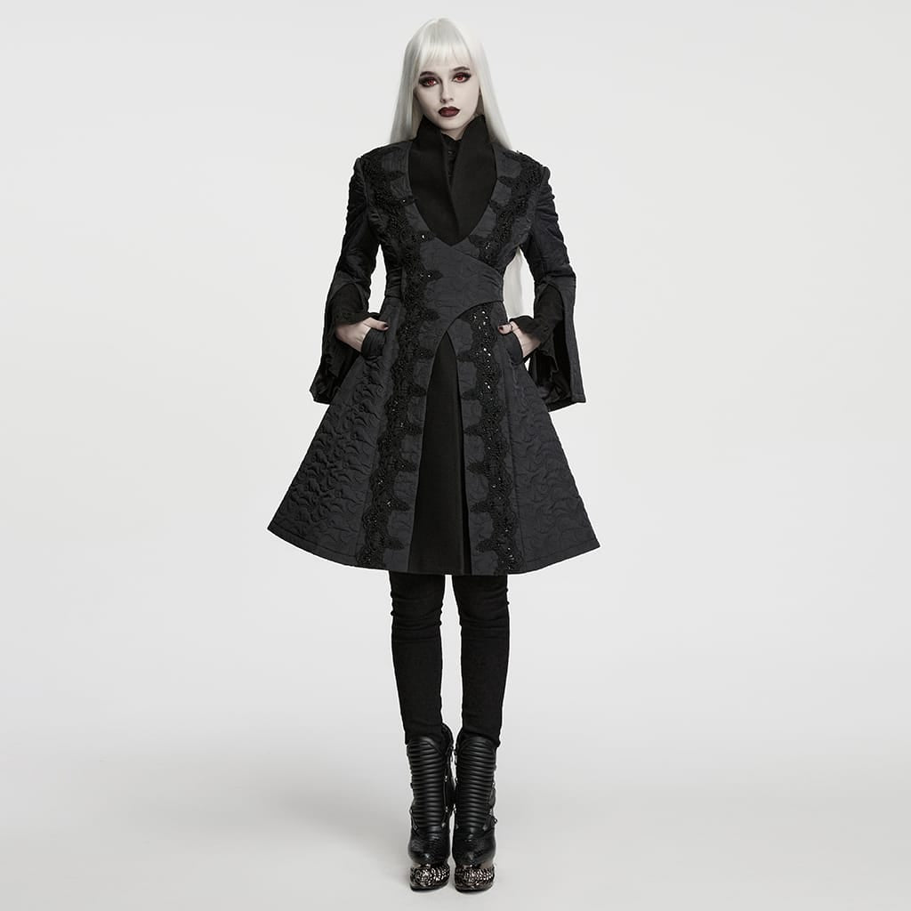 PUNK RAVE Women's Gothic Embroidered Stand Collar Asymmetric Long Jacket