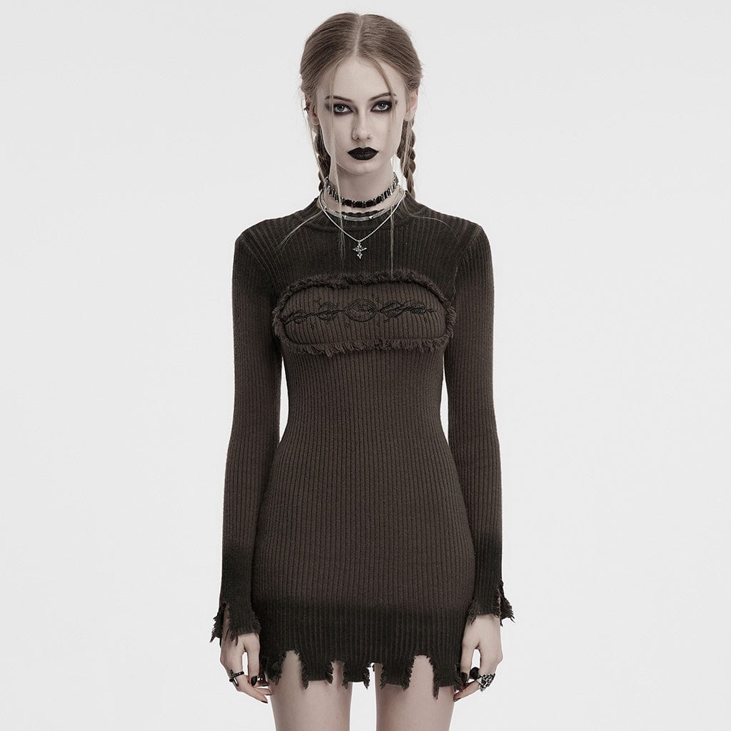 Vestido de punto con degradado, sin bordes y bordado gótico para mujer PUNK RAVE, color café