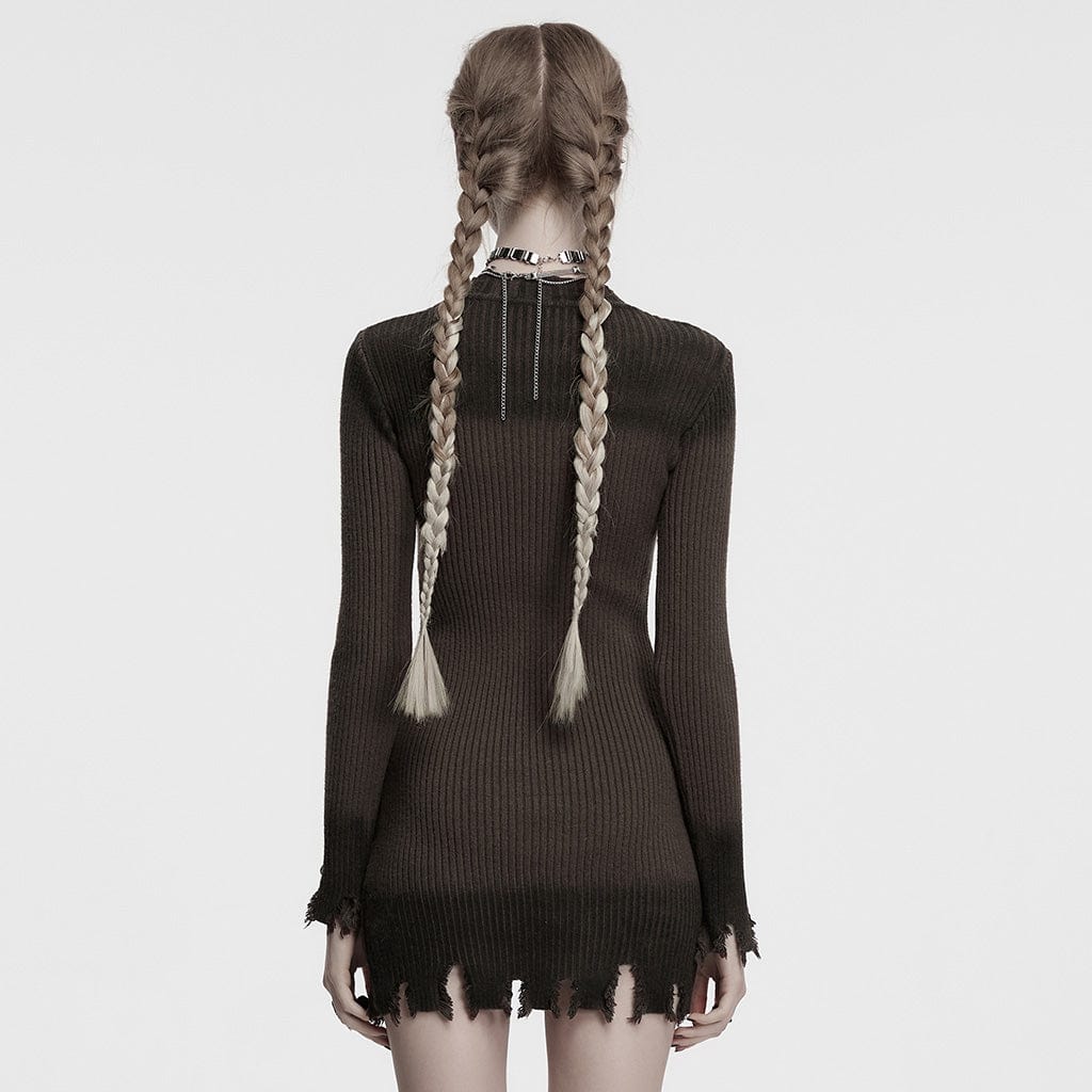 Vestido de punto con degradado, sin bordes y bordado gótico para mujer PUNK RAVE, color café
