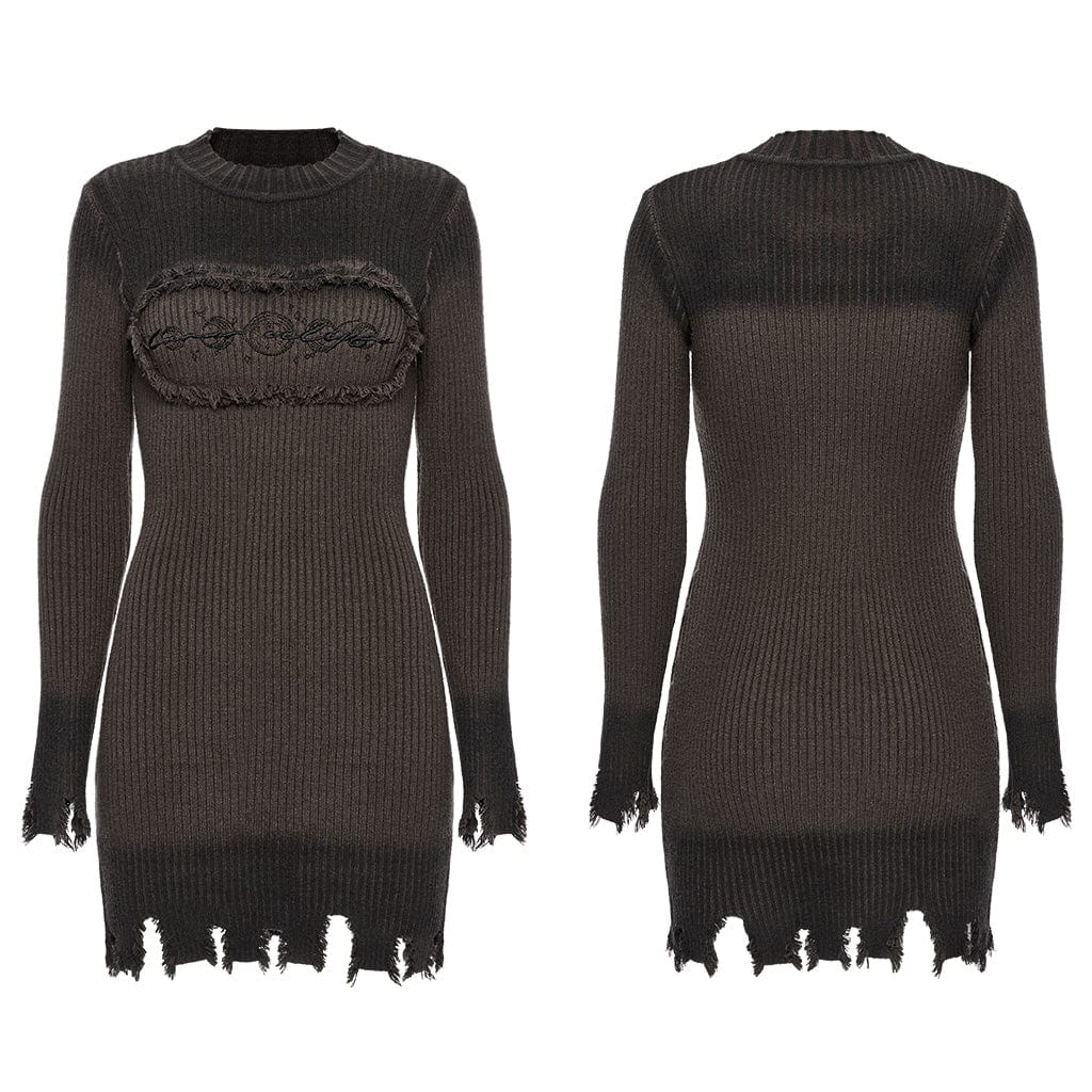 Vestido de punto con degradado, sin bordes y bordado gótico para mujer PUNK RAVE, color café