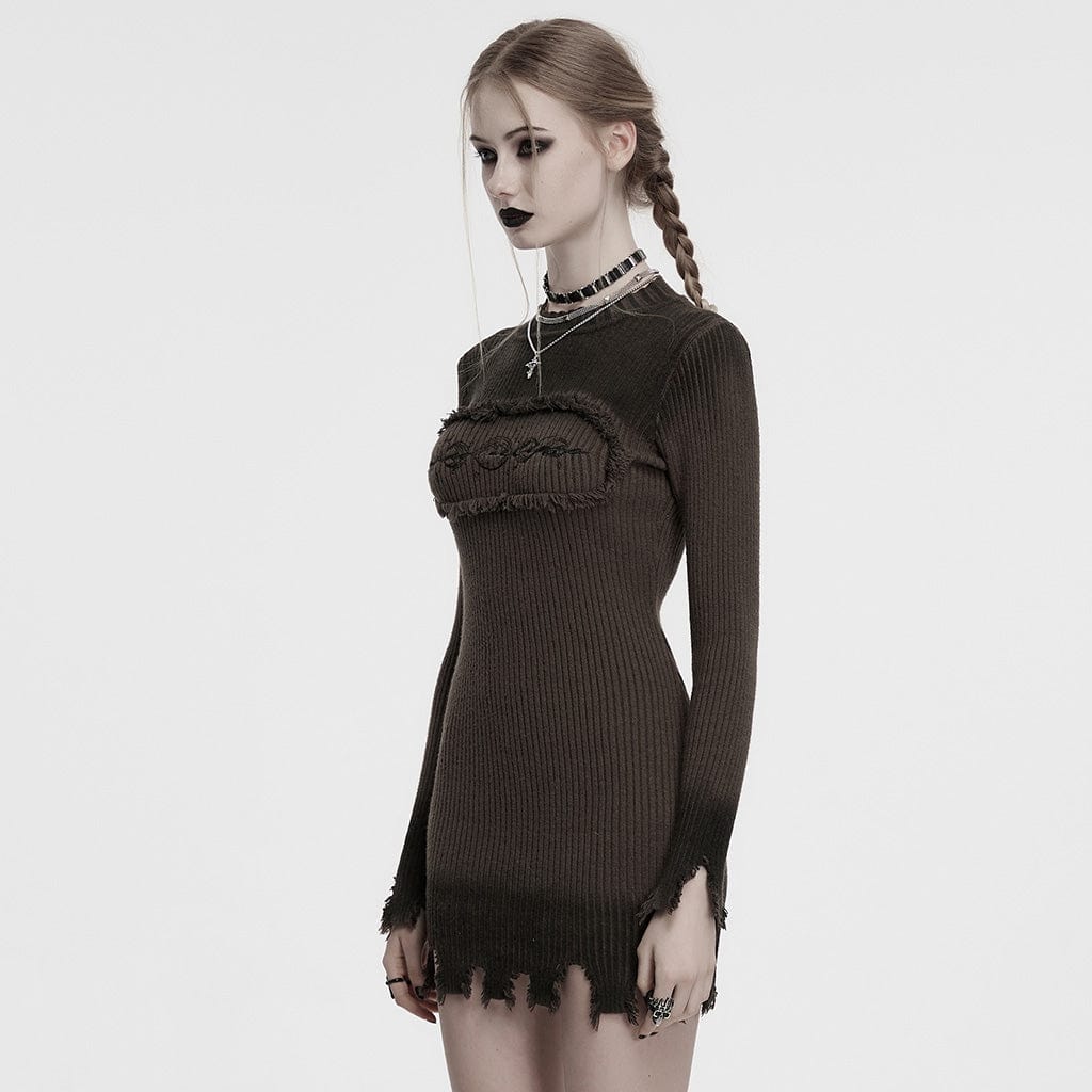 Vestido de punto con degradado, sin bordes y bordado gótico para mujer PUNK RAVE, color café