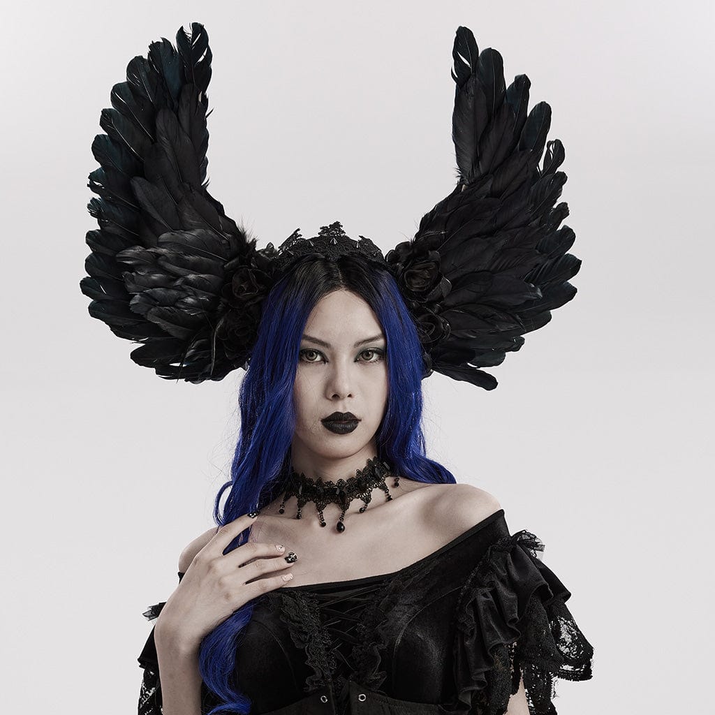 PUNK RAVE Women's Gothic Faux Feather Wing Headwear