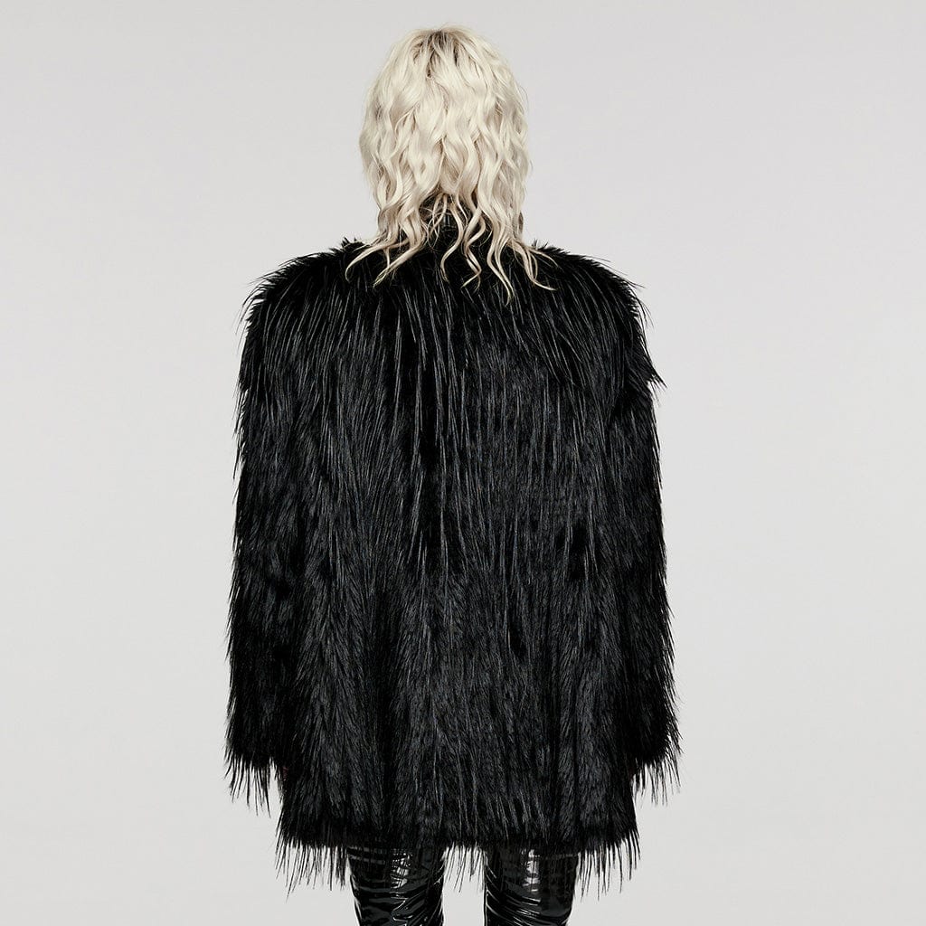 PUNK RAVE Women's Gothic Faux Fur Splice Faux Leather Coat Black