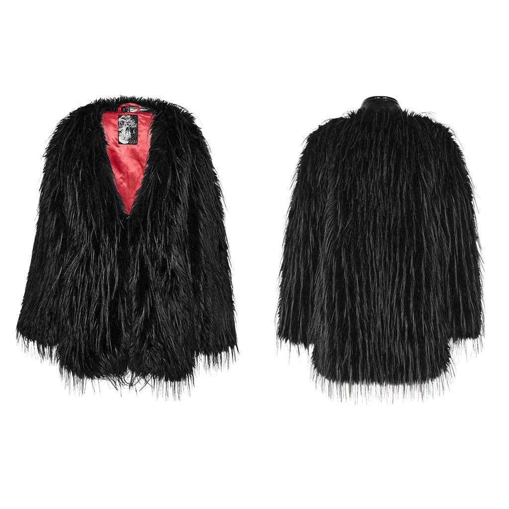 PUNK RAVE Women's Gothic Faux Fur Splice Faux Leather Coat Black