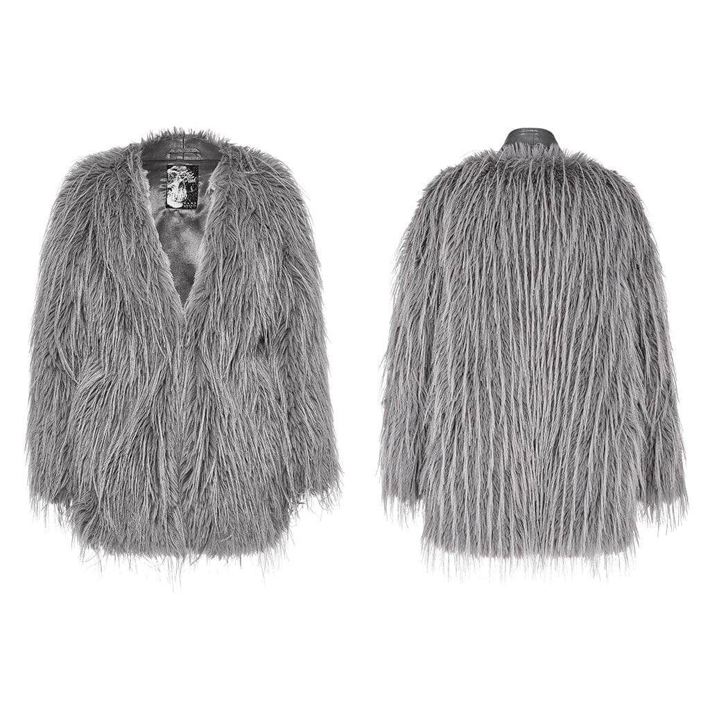PUNK RAVE Women's Gothic Faux Fur Splice Faux Leather Coat Grey