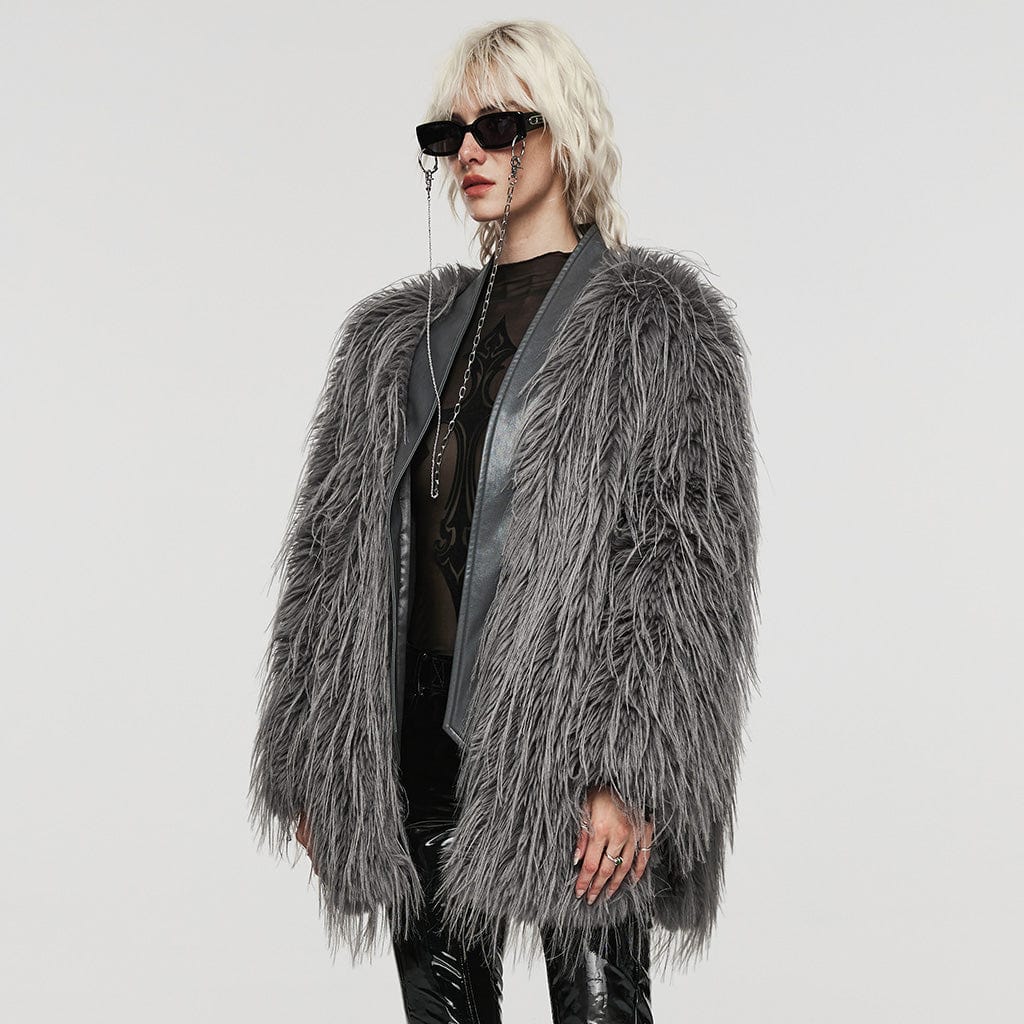 PUNK RAVE Women's Gothic Faux Fur Splice Faux Leather Coat Grey