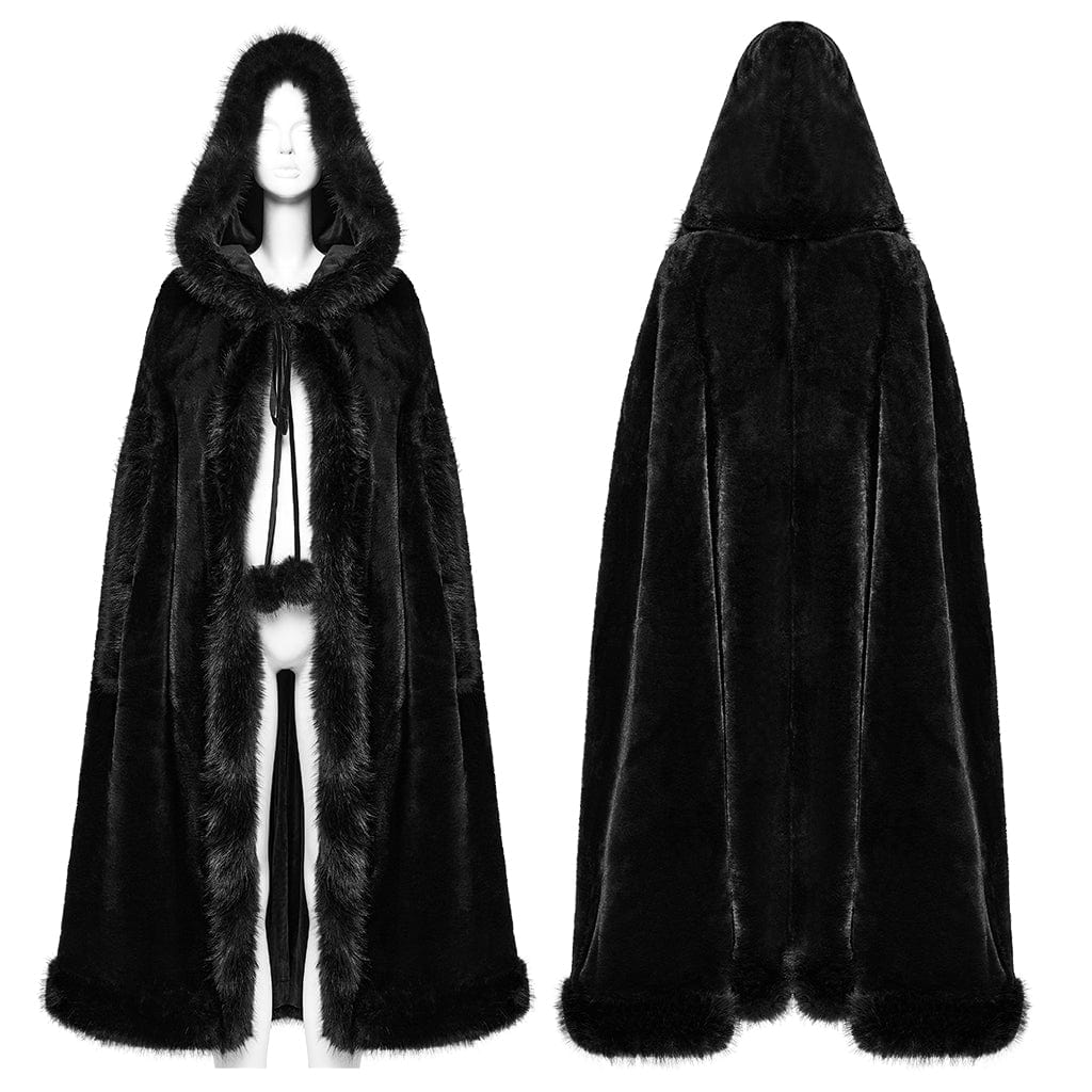 PUNK RAVE Women's Gothic Faux Fur Splice Hooded Cloak Black