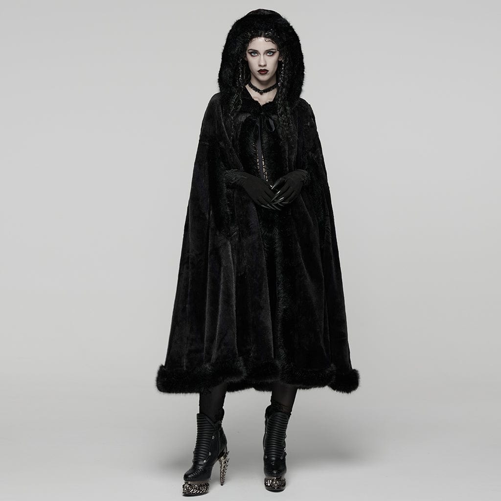 PUNK RAVE Women's Gothic Faux Fur Splice Hooded Cloak Black