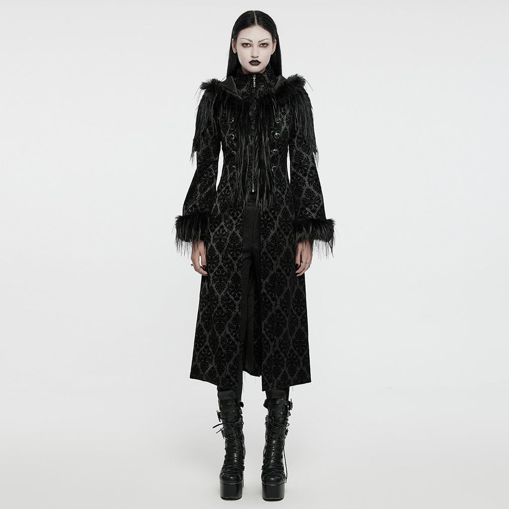 PUNK RAVE Women's Gothic Faux Fur Splice Jacquard Coat with Hood