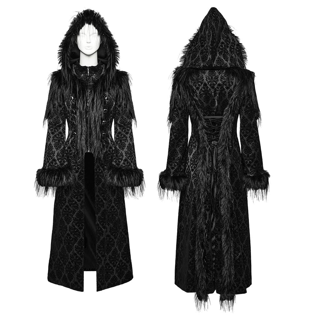 PUNK RAVE Women's Gothic Faux Fur Splice Jacquard Coat with Hood