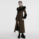 PUNK RAVE Women's Gothic Faux Fur Splice Lace-up Detachable Coat Coffee