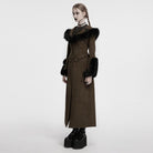 PUNK RAVE Women's Gothic Faux Fur Splice Lace-up Detachable Coat Coffee