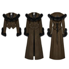 PUNK RAVE Women's Gothic Faux Fur Splice Lace-up Detachable Coat Coffee