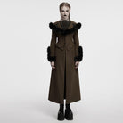 PUNK RAVE Women's Gothic Faux Fur Splice Lace-up Detachable Coat Coffee