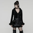 PUNK RAVE Women's Gothic Faux Fur Splice V-neck Lace-up Cardigan