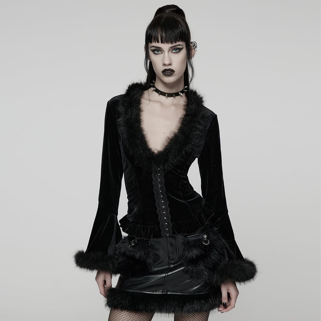 Women's Gothic Faux Fur Splice V-neck Lace-up Cardigan – Punk Design