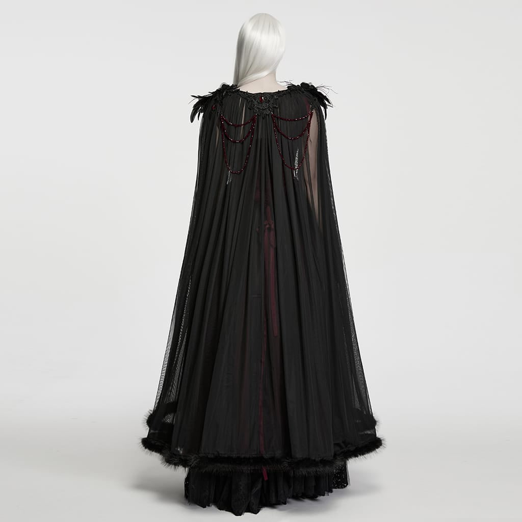 PUNK RAVE Women's Gothic Feather Beaded Applique Mesh Cloak